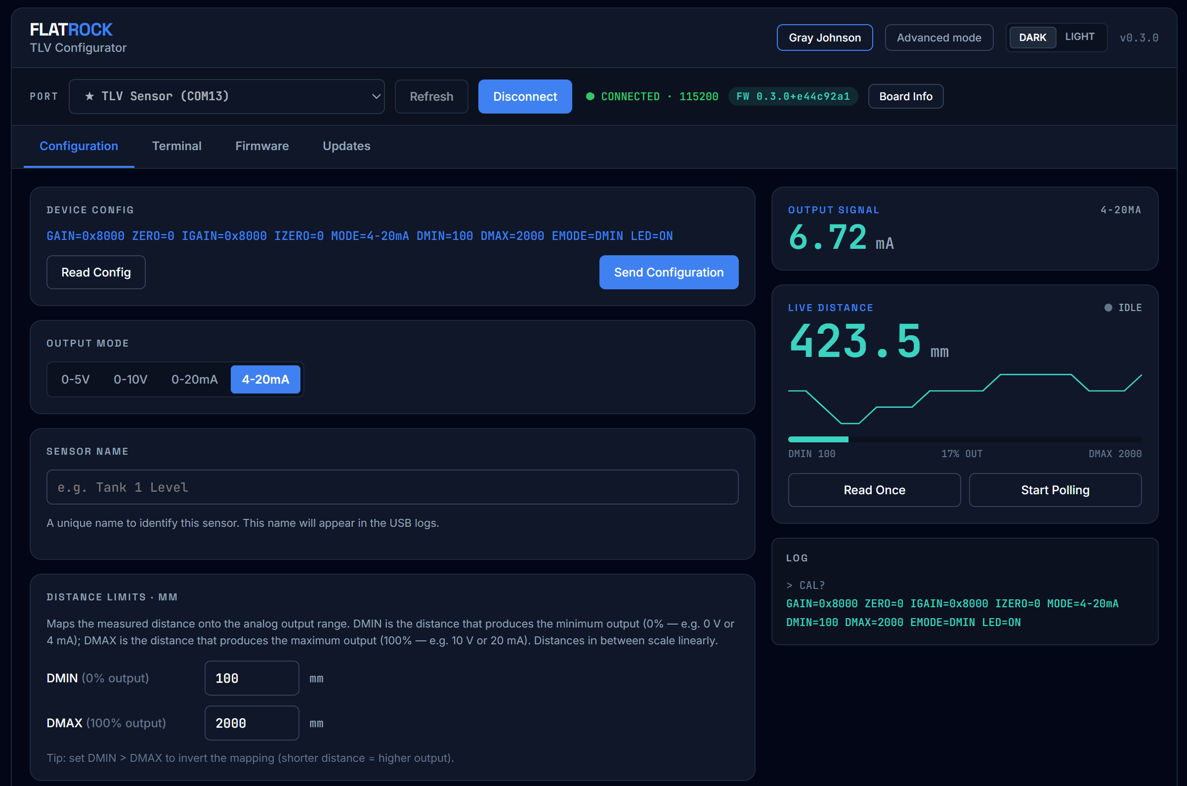The TLV Configurator app showing output mode selection, distance limits, and a live distance readout for a connected sensor.